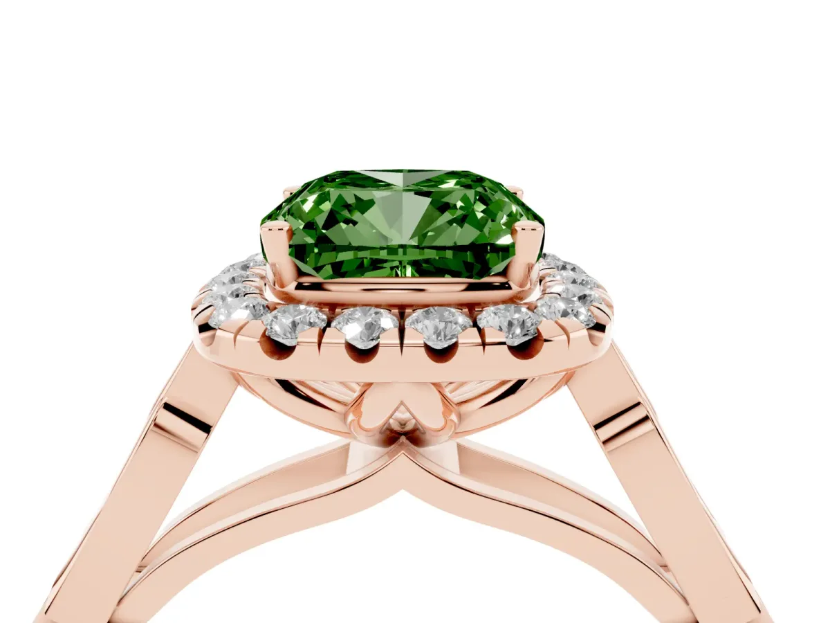 Fancy Green Cushion Cut Halo Diamond Engagement Ring with Filigree Band and Four-Prong Setting Rose gold