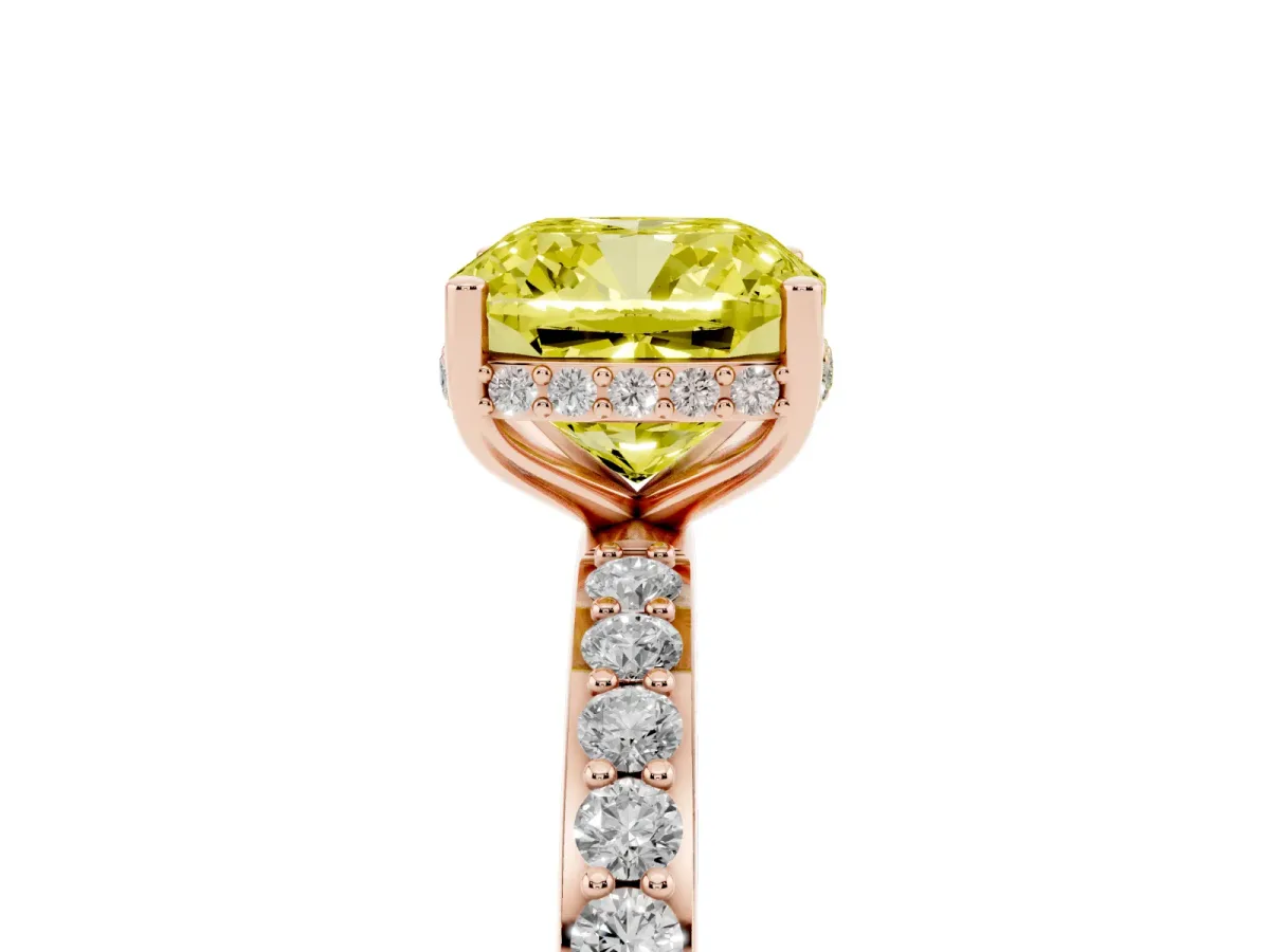 Fancy Yellow Cushion Cut Diamond Solitaire Ring with Pavé Band and Hidden Halo Rose gold