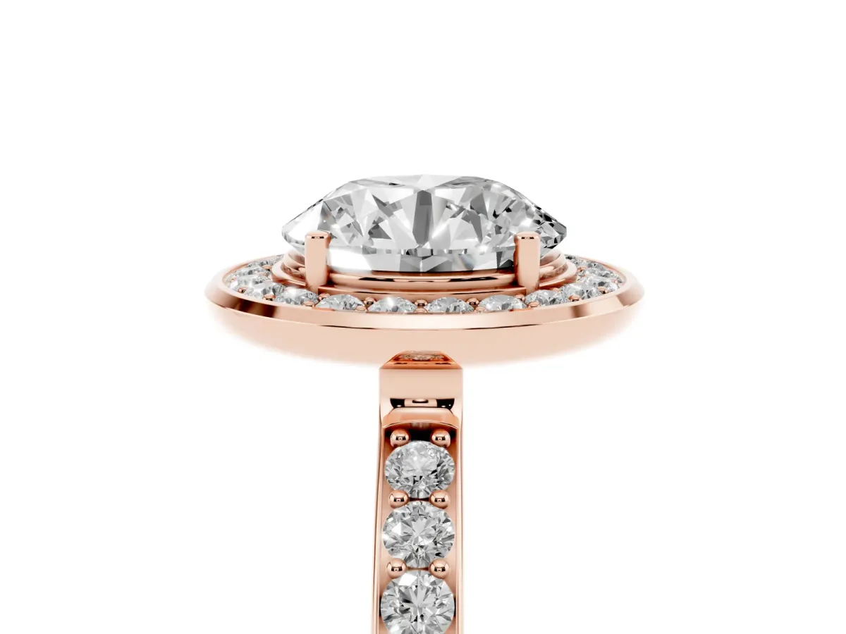 Round Cut Diamond Halo Ring with Bezel Frame and Pavé Band Rose gold