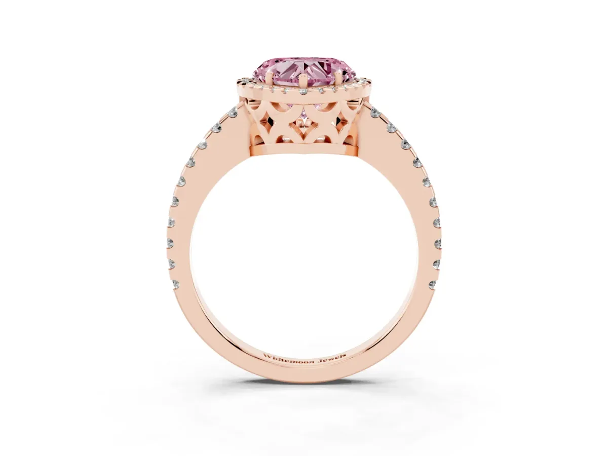 Fancy Pink Heart Cut Diamond Halo Engagement Ring with Pavé Band and Prong Setting Rose gold