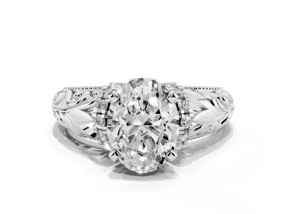 Oval Cut Solitaire Filigree Engagement Ring with Halo and Prong Setting Platinum