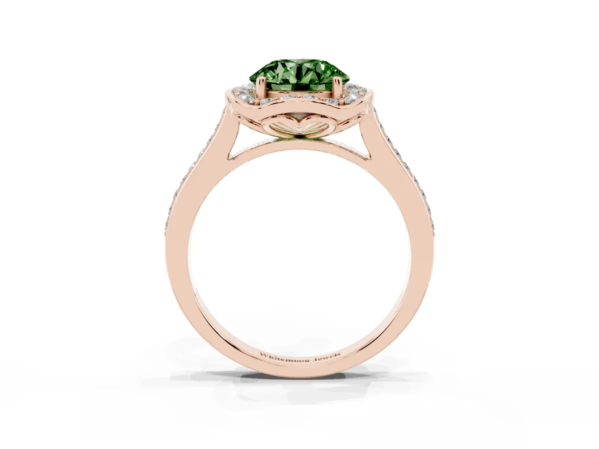Fancy Green Round Cut Halo Round Diamond Pave Band with Four-Prong Setting Rose gold