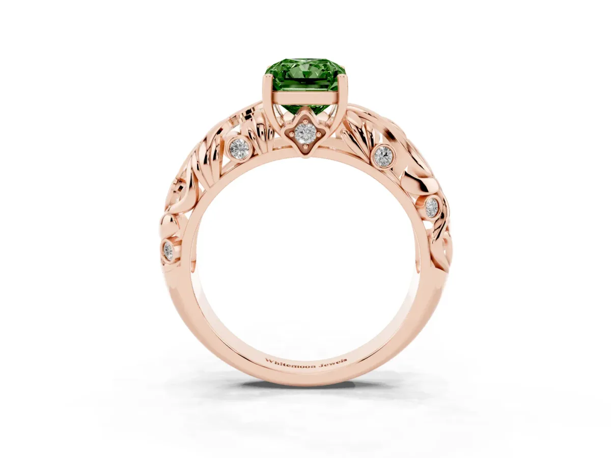 Fancy Green Radiant Cut Solitaire Diamond Leaf-Inspired Vine Band Ring with Prong Setting Rose gold