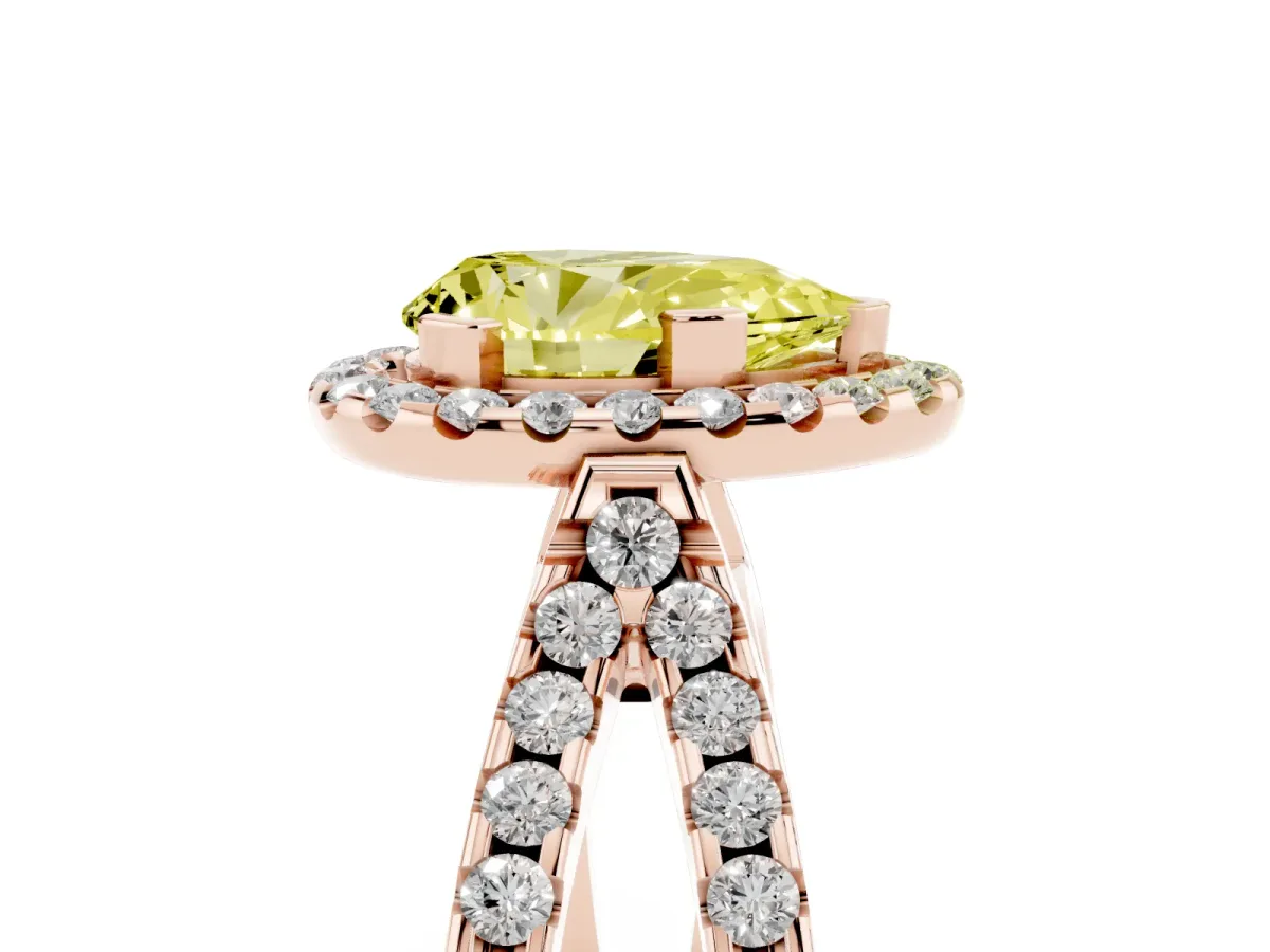 Fancy Yellow Pear Cut Diamond Halo Ring with Split Shank Pavé Band and Prong Setting Rose gold