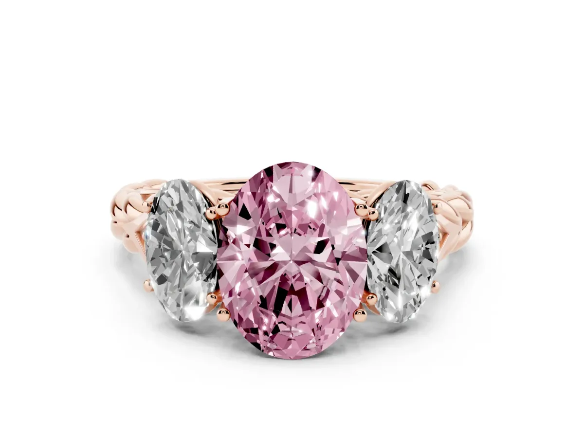 Fancy Pink Three-Stone Oval Cut Diamond Braided Band Ring with Four-Prong Setting Rose gold