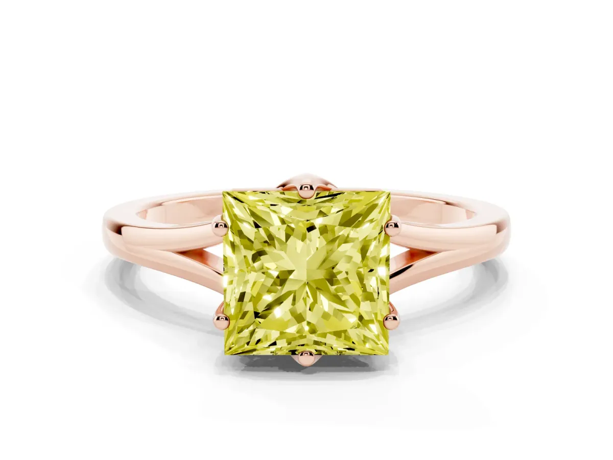 Fancy Yellow Princess Cut Solitaire Diamond Ring with Six-Prong Setting and Tapered Band Rose gold