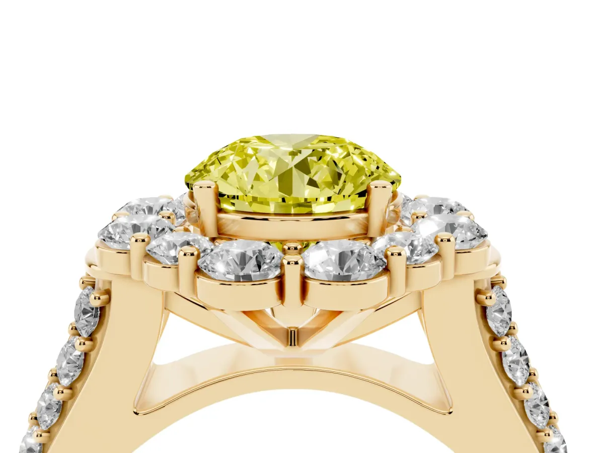Fancy Yellow Round Cut Halo Diamond Engagement Ring with Split Shank and Prong Setting Yellow gold