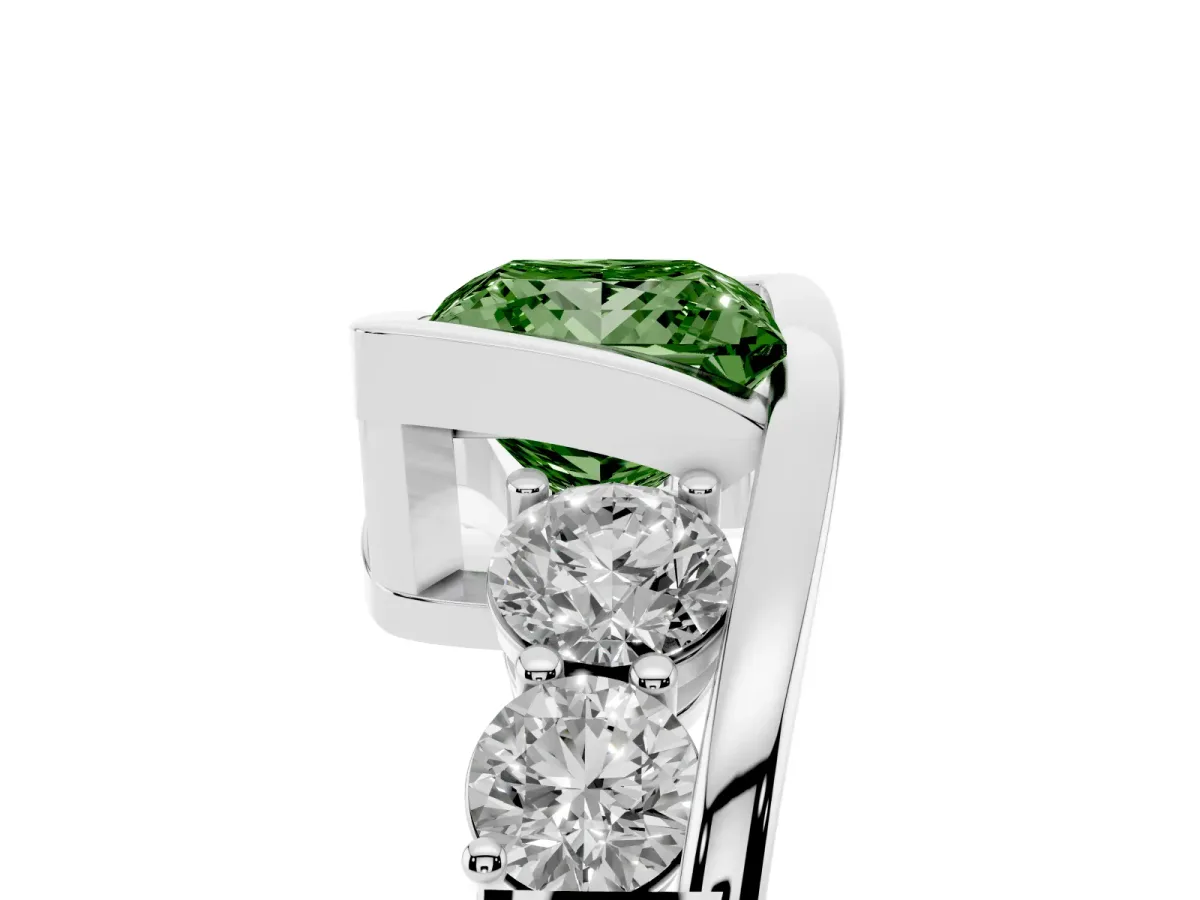 Fancy Green Bezel Set Princess Cut Diamond Bypass Ring with Round Accents Silver