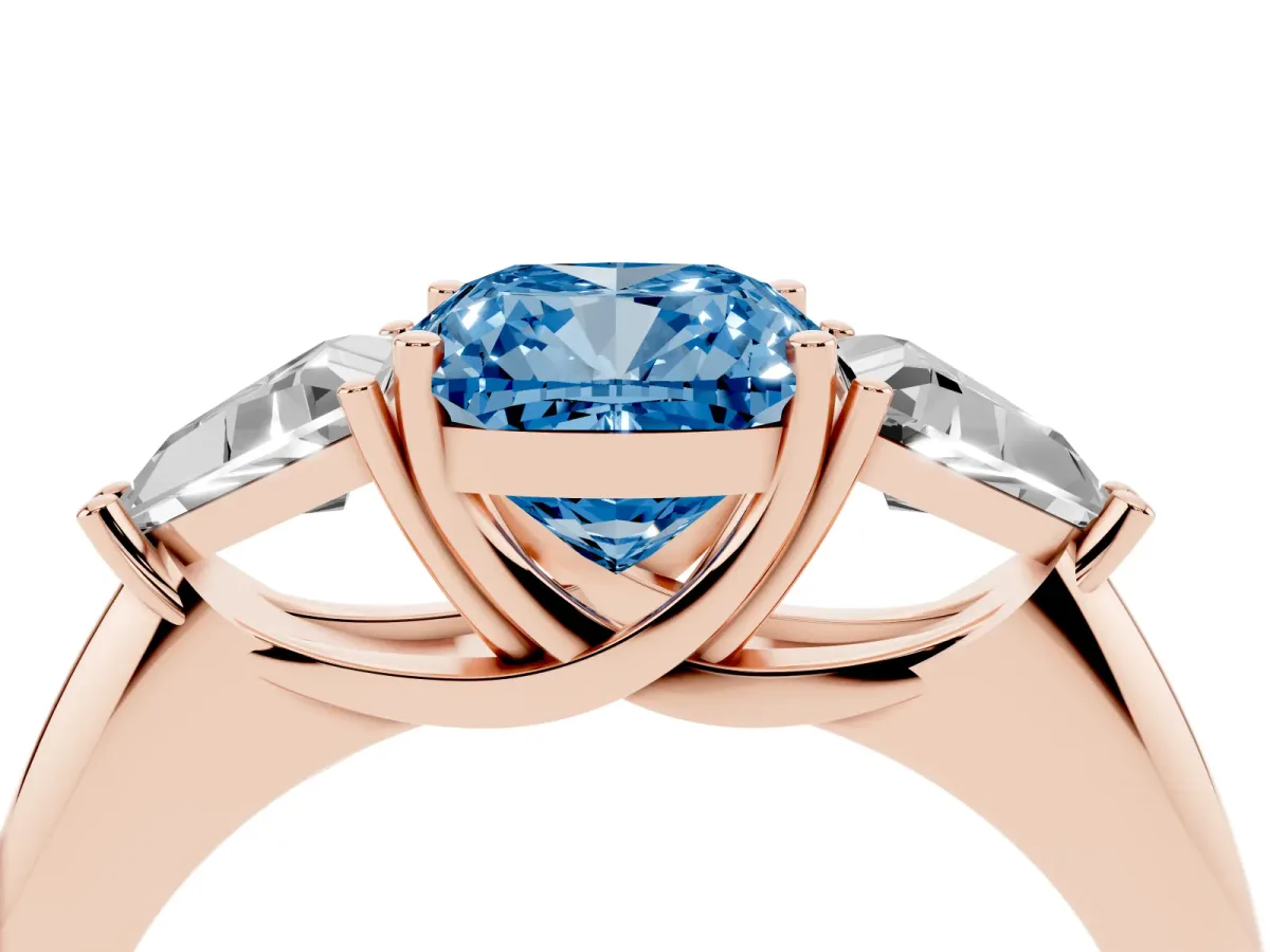 Fancy Blue Three-Stone Cushion Cut Diamond Engagement Ring with Trillion Side Stones and Prong Setting Rose gold