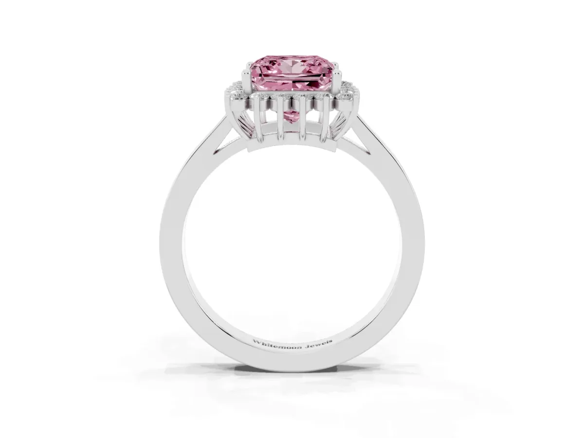 Fancy Pink Princess Cut Cut Diamond Halo Ring with Round Brilliant Halo and Solitaire Band Platinum