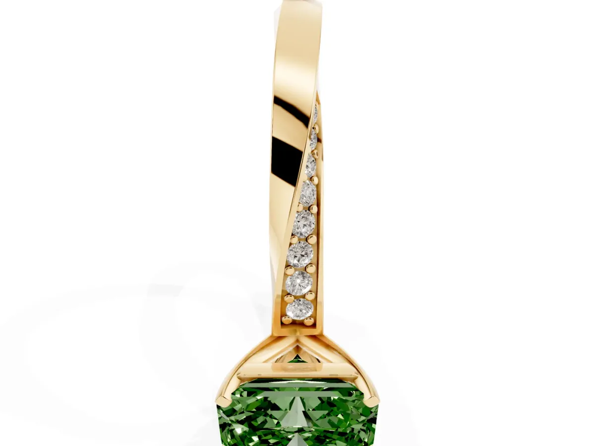 Fancy Green Radiant Cut Diamond Engagement Ring with Side Stone Accents and Four-Prong Setting Yellow gold