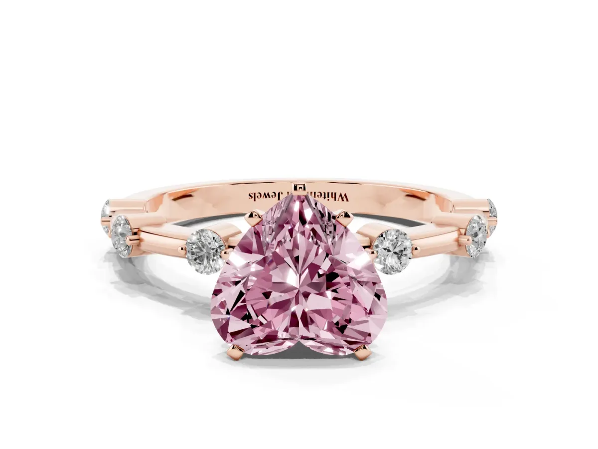 Fancy Pink Heart Cut Solitaire Diamond Ring with Bezel Set Side Stones and Prong Setting Rose gold