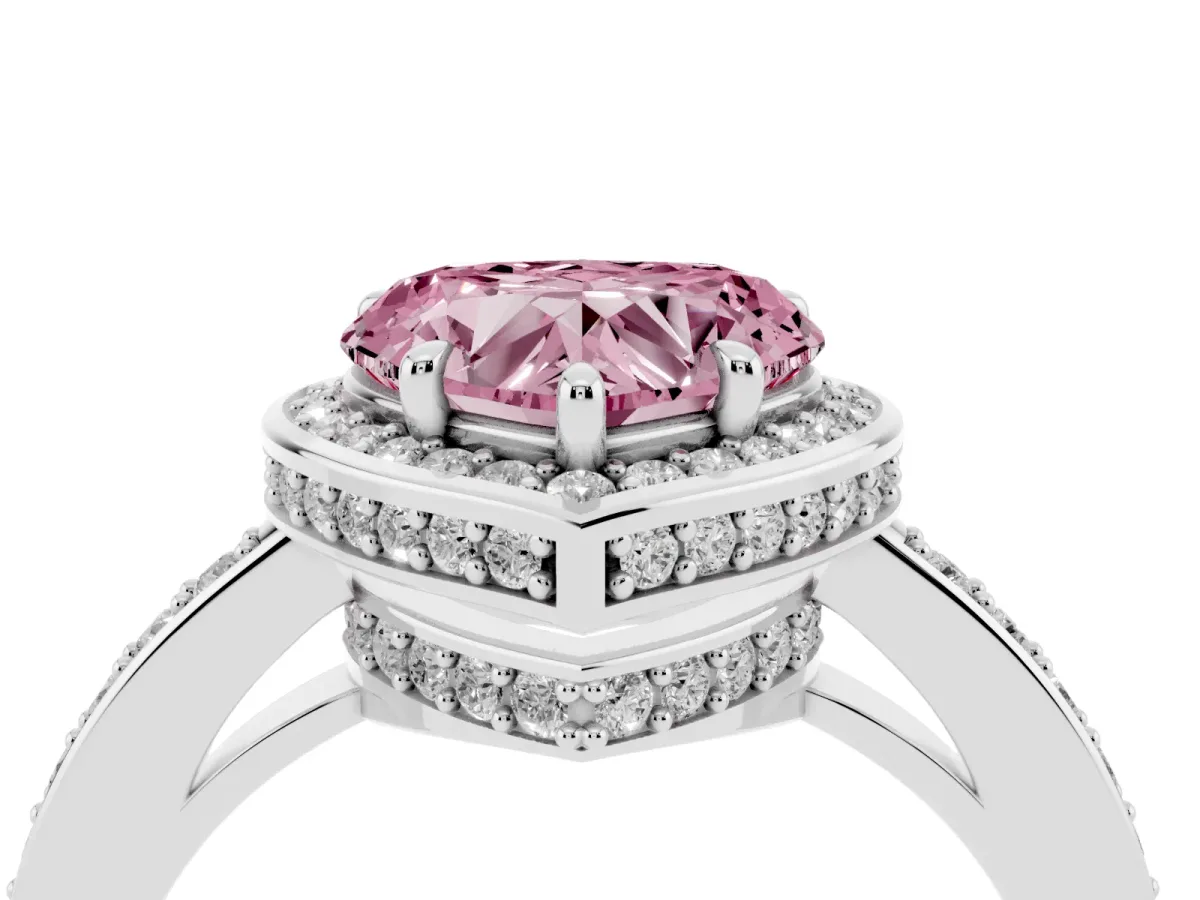 Fancy Pink Heart Cut Halo Pave Band Solitaire Ring with Prong Setting Silver