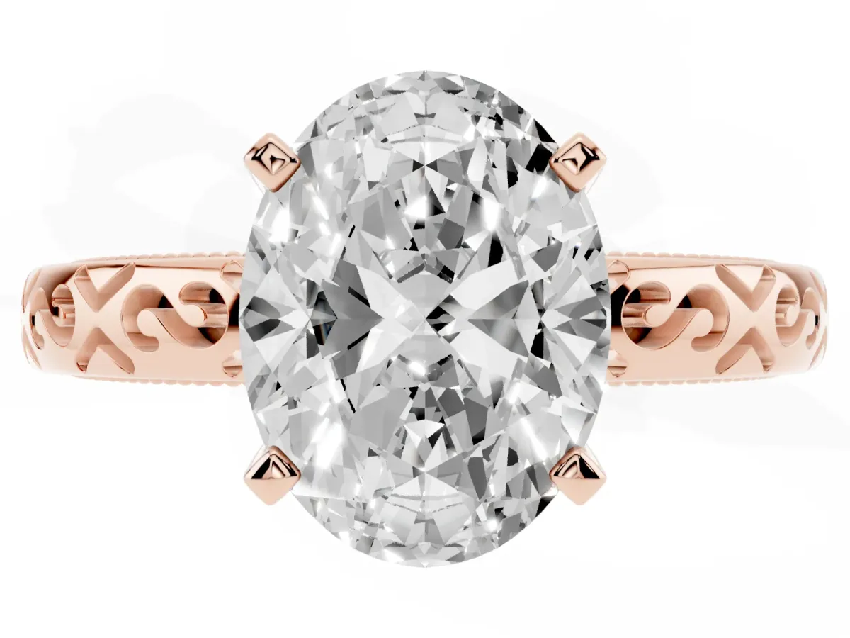 Oval Cut Solitaire Engagement Ring with Scrollwork Band and Four-Prong Setting Rose gold