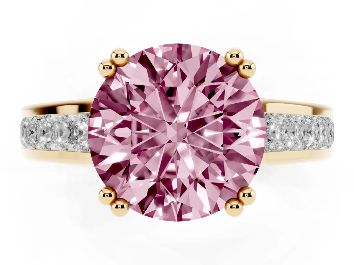 Fancy Pink Round Cut Cut Channel Set Solitaire Engagement Ring with Prong Setting Yellow gold