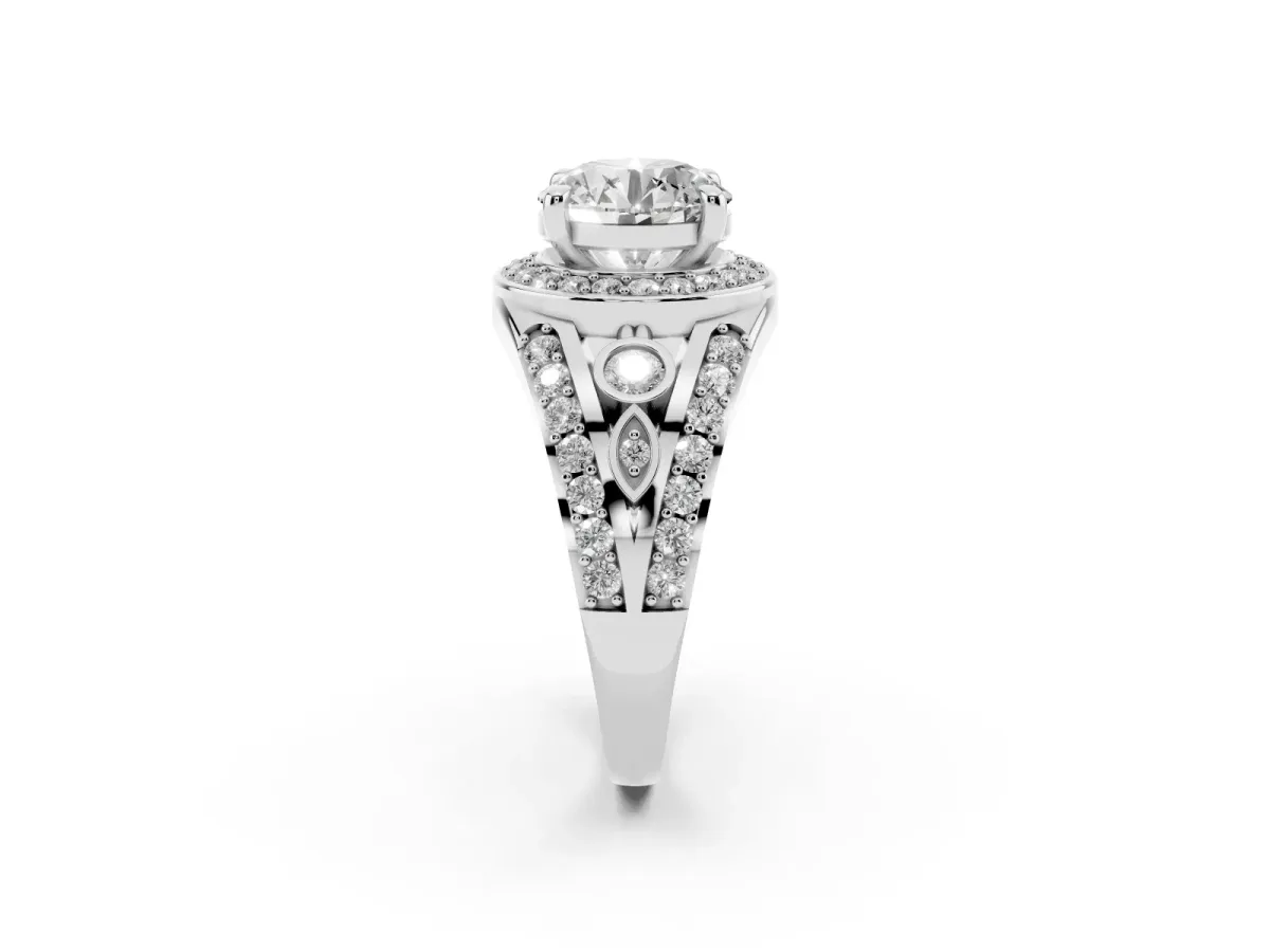 Round Cut Diamond Halo Ring with Split Shank and Bezel Accents and Four-Prong Setting Platinum