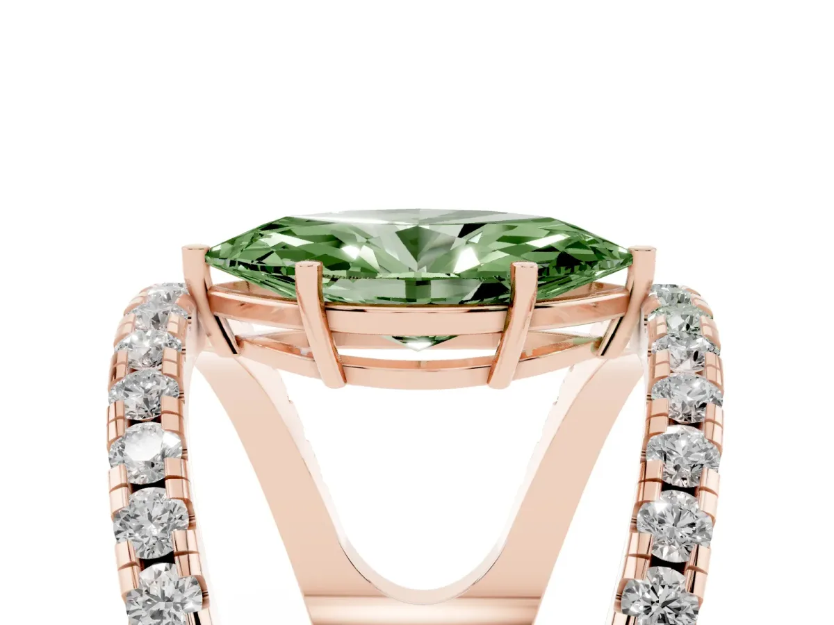 Fancy Green Marquise Cut Solitaire Split Shank Pave Diamond Ring Rose gold