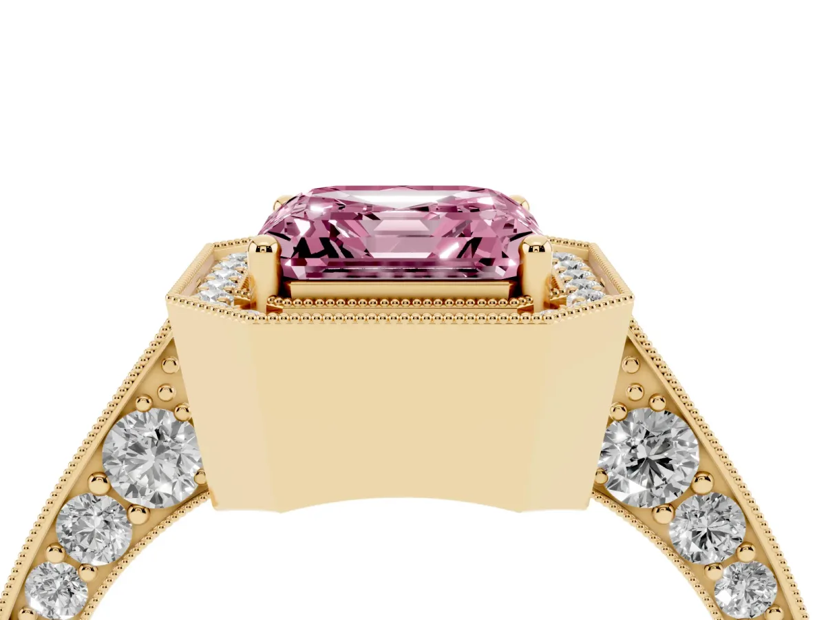 Fancy Pink Asscher Cut Halo Diamond Engagement Ring with Split Shank Band and Four-Prong Setting Yellow gold