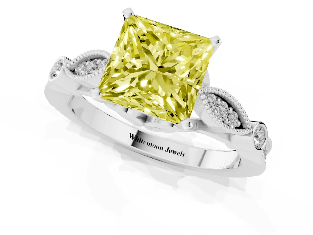Fancy Yellow Princess Cut Cut Diamond with Milgrain Marquise and Bezel Accents on a Solitaire Band with Prong Setting White gold