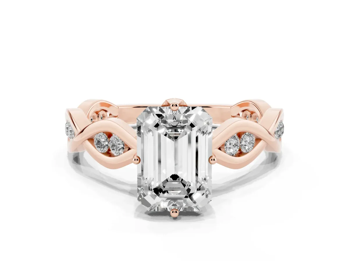 Emerald Cut Solitaire Twist Band with Leaf Prong Setting Rose gold