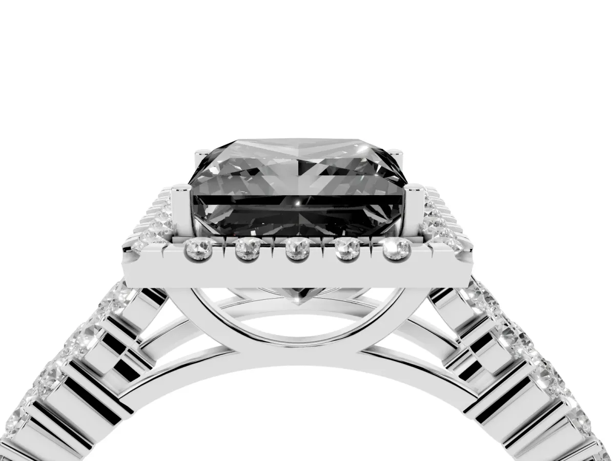 Fancy Black Princess Cut Diamond Halo Engagement Ring with Triple Row Round Pavé Band and Prong Setting Silver