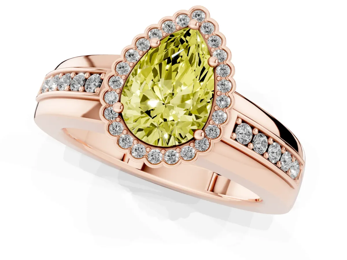 Fancy Yellow Pear Cut Cut Halo Pave Band Four-Prong Ring Rose gold