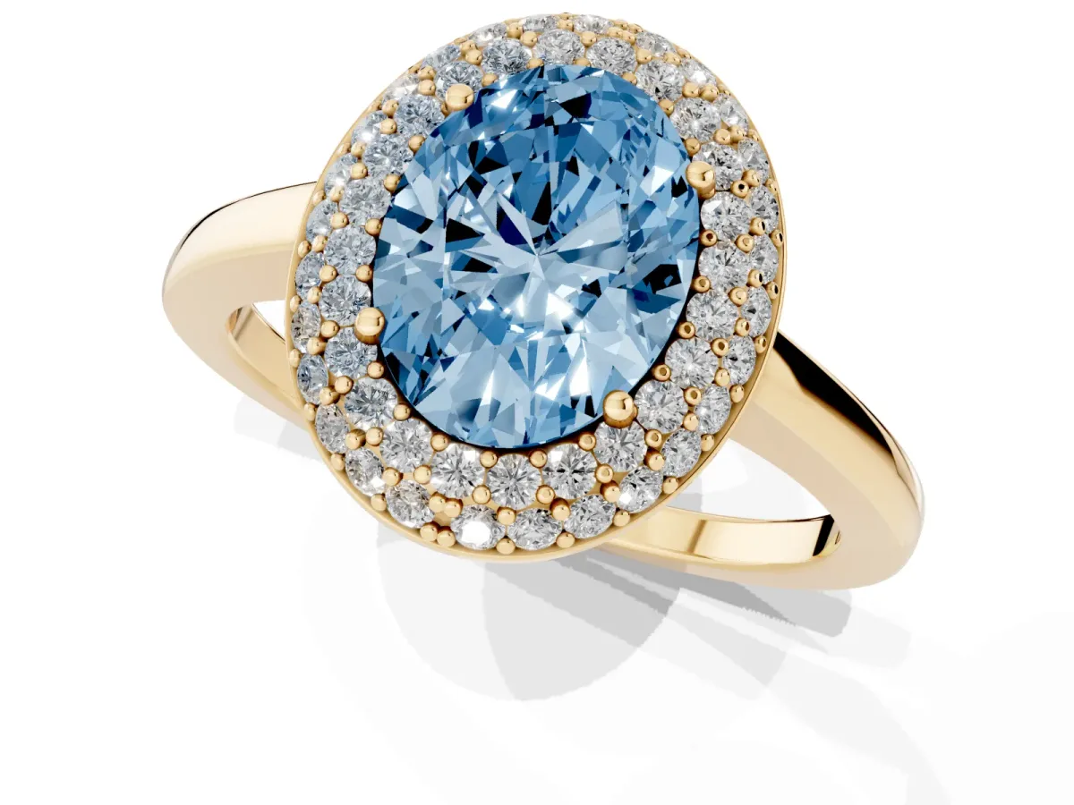 Fancy Blue Oval Cut Halo Diamond Engagement Ring with Solitaire Band and Four-Prong Setting Yellow gold