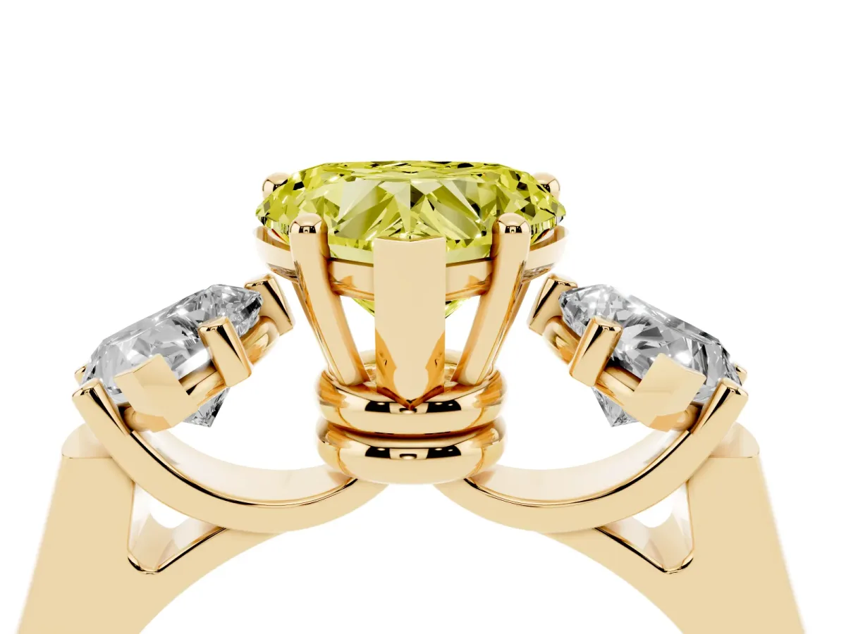Fancy Yellow Three-Stone Heart Cut Brilliant Diamond Trellis Ring with Comfort Fit Band Yellow gold