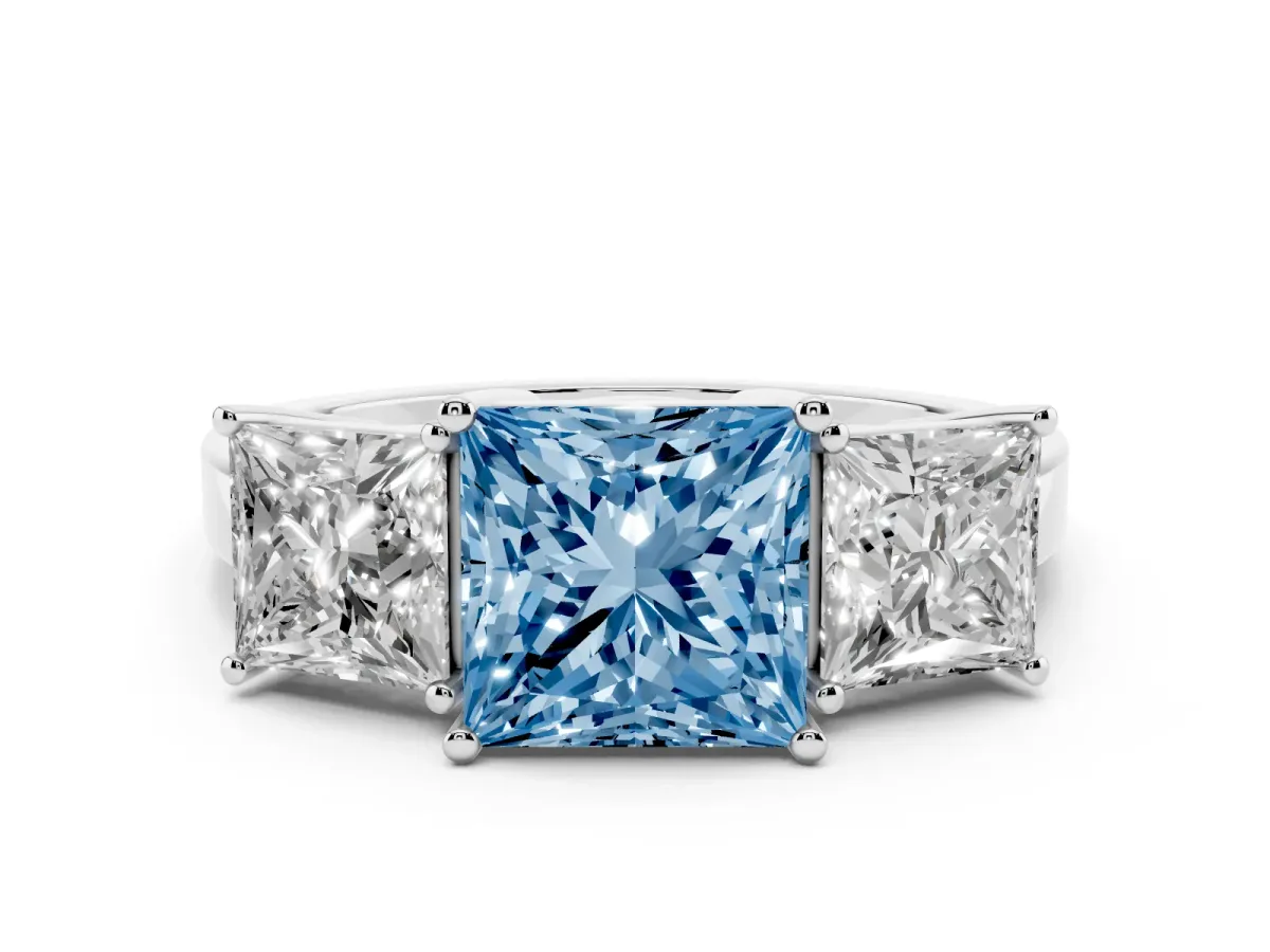 Fancy Blue Three-Stone Princess Cut Cut Diamond Engagement Ring with Flat Band and Four-Prong Setting Silver