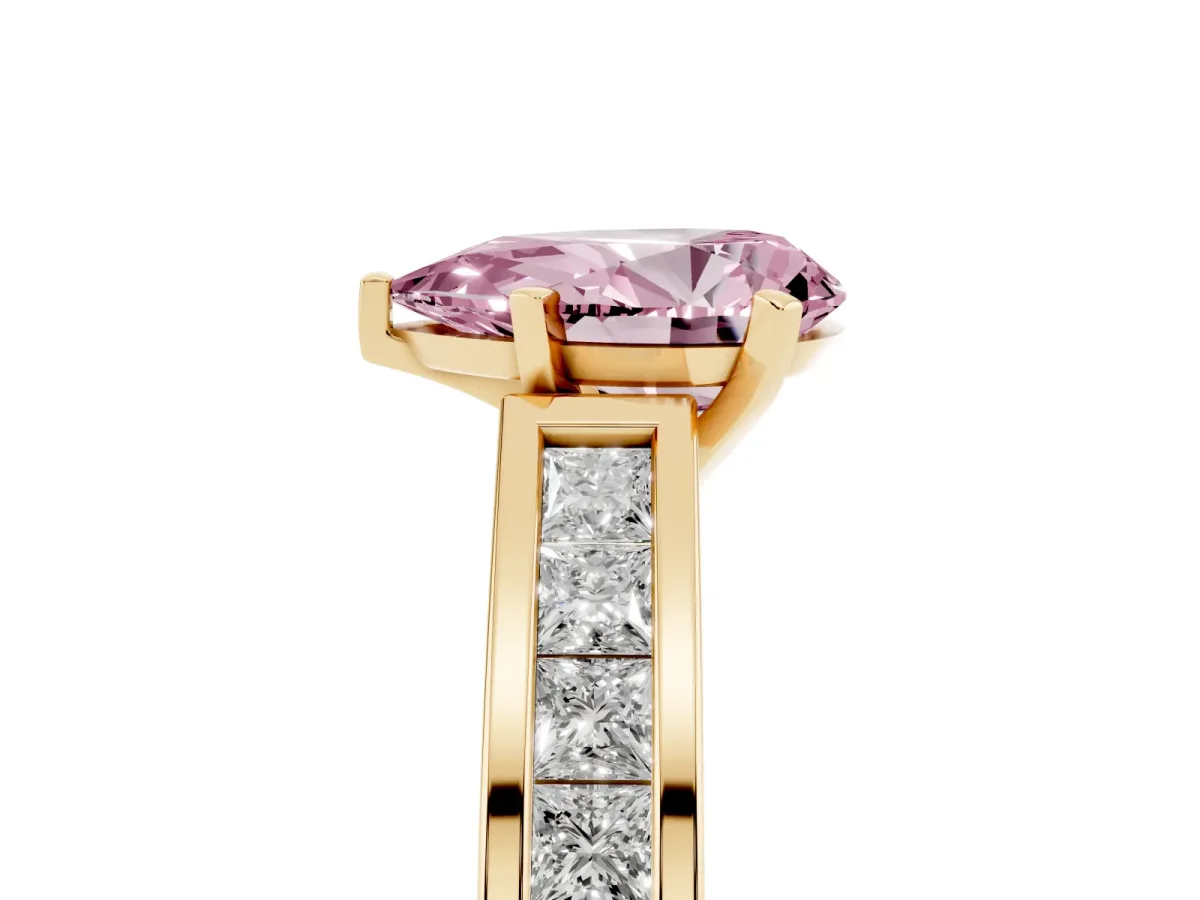 Fancy Pink Pear Cut Solitaire Diamond Ring with Channel-Set Band and Four-Prong Setting Yellow gold