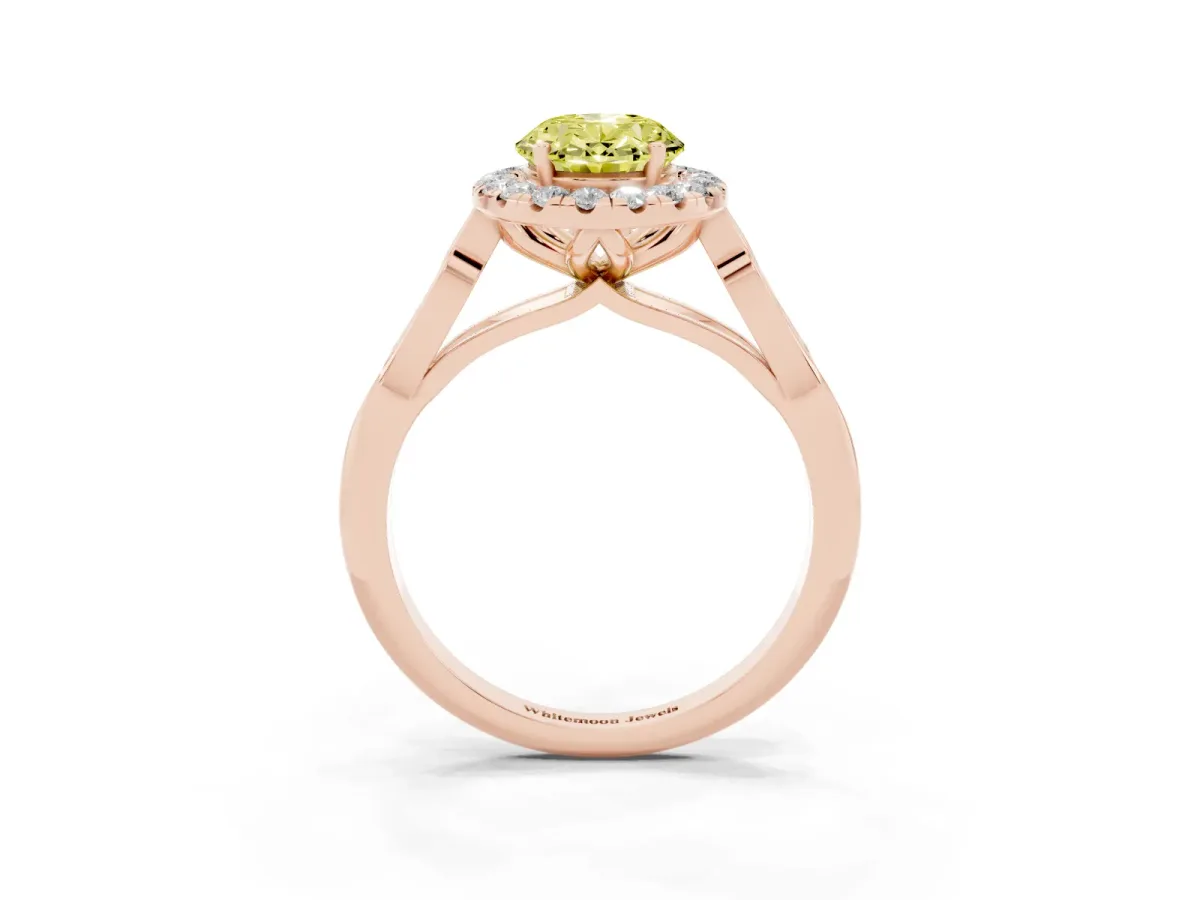 Fancy Yellow Oval Cut Halo Diamond Engagement Ring with Filigree Band and Four-Prong Setting Rose gold