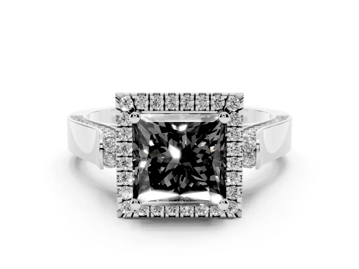 Fancy Black Princess Cut Halo Round Diamond Twist Band with Four-Prong Setting White gold
