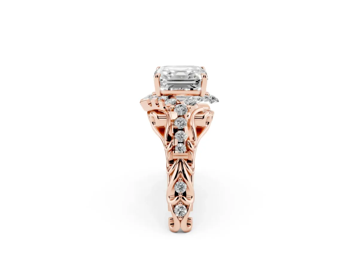 Asscher Cut Diamond Solitaire Ring with Hidden Halo and Pavé Band Rose gold