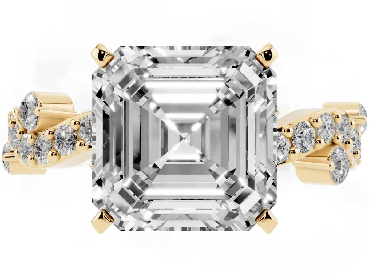 Asscher Cut Cut Solitaire Diamond Twisted Band with Pave Setting Yellow gold