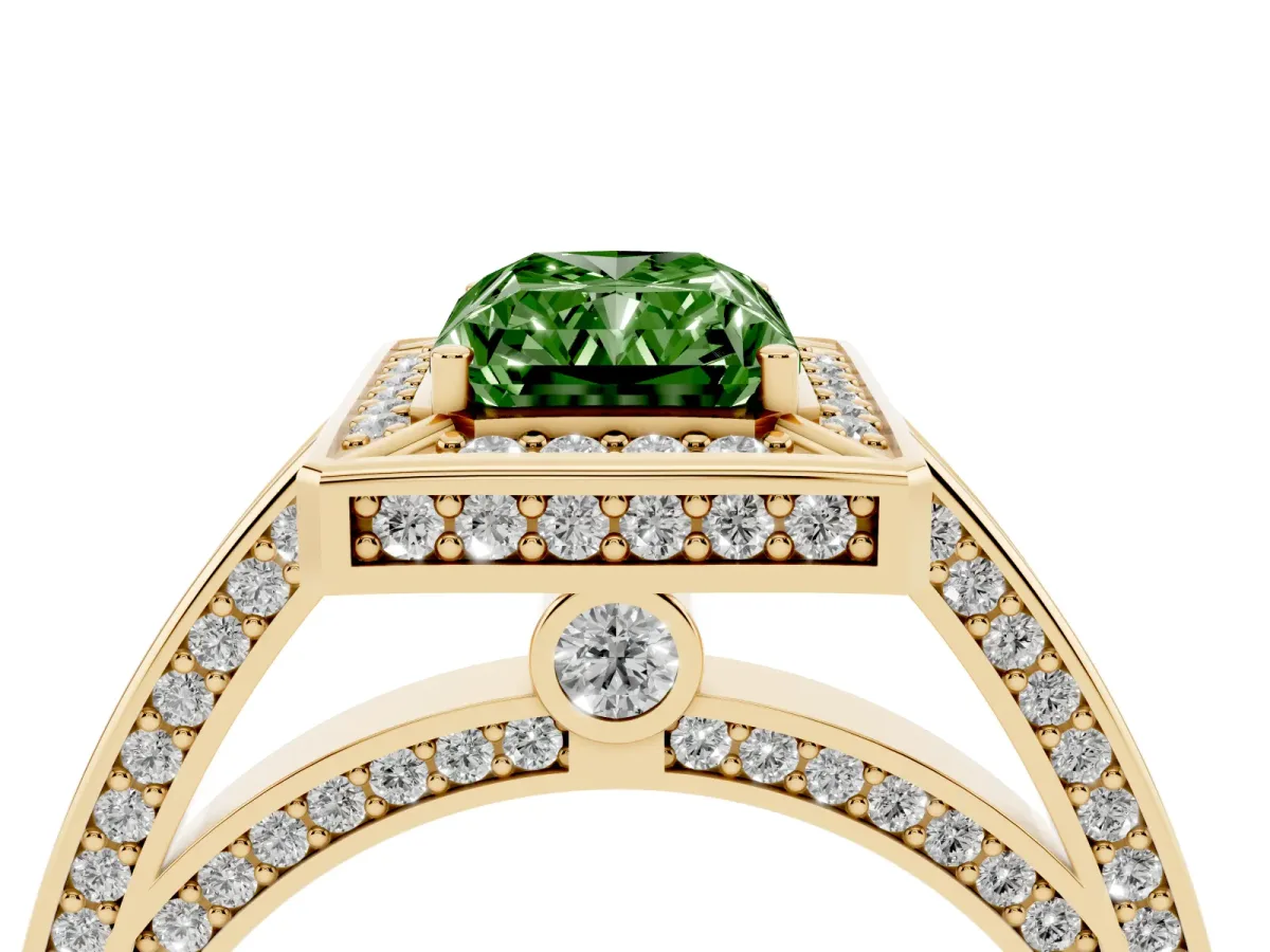 Fancy Green Radiant Cut Cut Halo Pave Split Shank Prong Setting Ring Yellow gold