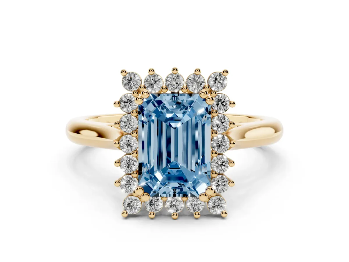 Fancy Blue Emerald Cut Cut Diamond Halo Ring with Solitaire Band and Prong Setting Yellow gold