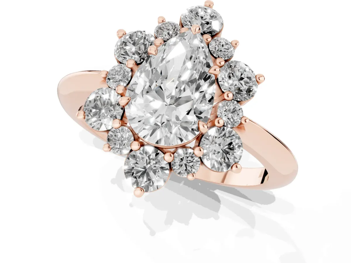 Pear Cut Diamond Cluster Halo Ring with Solitaire Band and Four-Prong Setting Rose gold