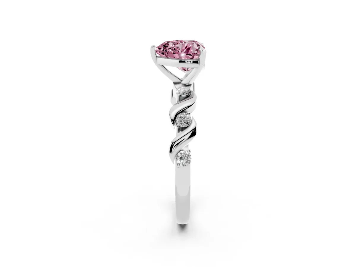 Fancy Pink Heart Cut Diamond Solitaire Twisted Band with Round Accents and Prong Setting White gold