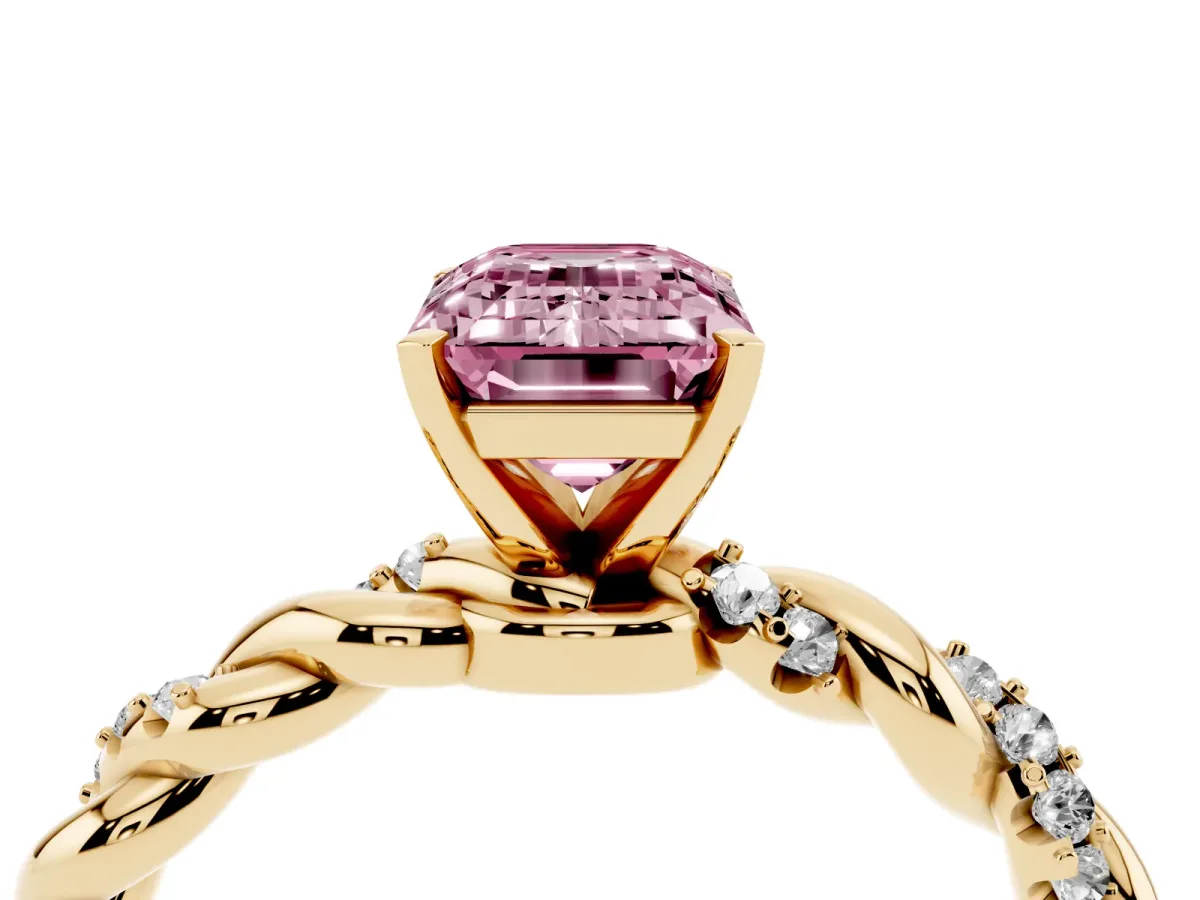 Fancy Pink Emerald Cut Diamond Solitaire Ring with Twisted Band and Pavé Accents Yellow gold