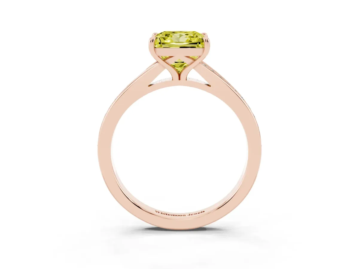 Fancy Yellow Princess Cut Diamond Solitaire Ring with Pavé Band and Prong Setting Rose gold