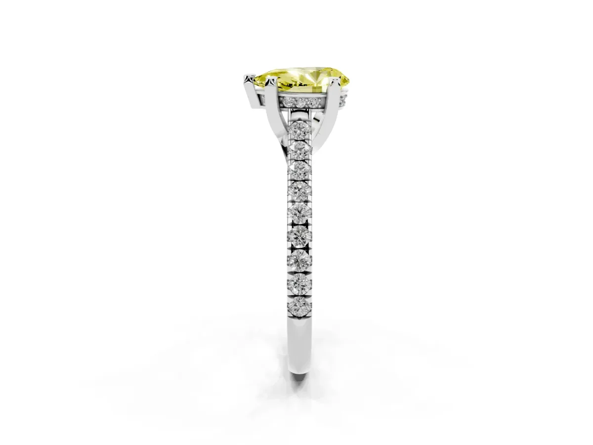Fancy Yellow Pear Cut Brilliant Diamond Solitaire with Pavé Band and Four-Prong Setting Silver