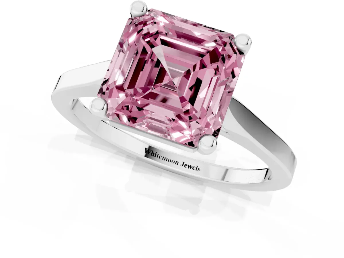 Fancy Pink Asscher Cut Solitaire Diamond Ring with Four-Prong Setting and Tapered Band Platinum