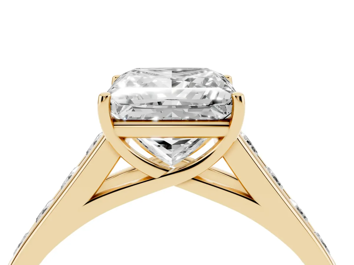 Princess Cut Brilliant Channel-Set Solitaire Ring with Four-Prong Setting Yellow gold
