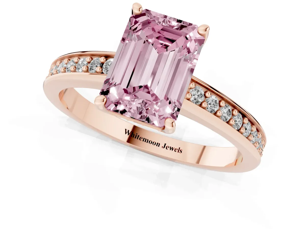 Fancy Pink Emerald Cut Solitaire Pavé Band Prong Setting Ring Rose gold