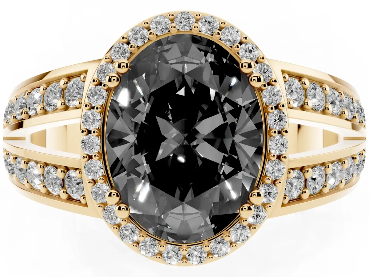 Fancy Black Oval Cut Diamond Halo Ring with Split Shank Pavé Band and Four-Prong Setting Yellow gold