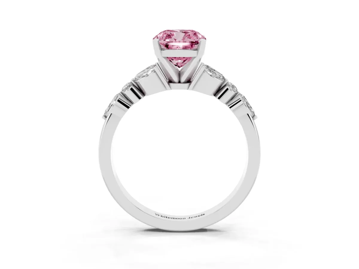 Fancy Pink Cushion Cut Diamond Solitaire Ring with Side Stones and Four-Prong Setting Silver