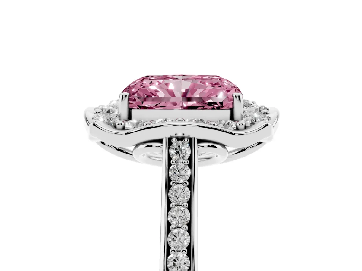Fancy Pink Radiant Cut Halo Round Diamond Pave Band with Four-Prong Setting Platinum