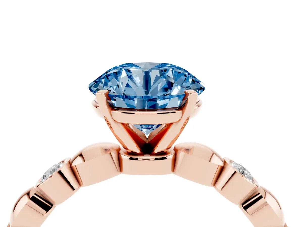Fancy Blue Round Cut Solitaire Bezel-Set Diamond Ring with Beaded Band and Four-Prong Setting Rose gold