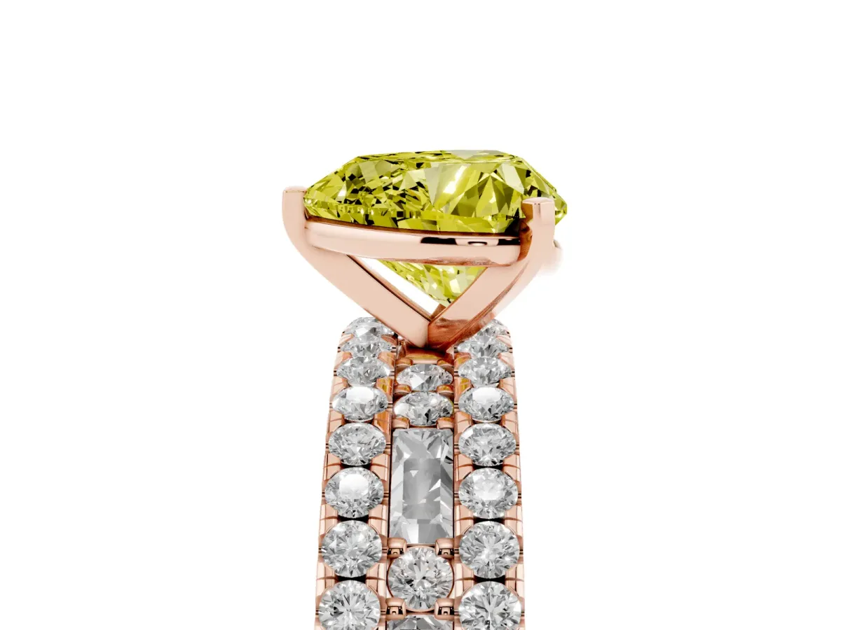 Fancy Yellow Heart Cut Diamond Solitaire Ring with Pavé and Channel Set Band Rose gold