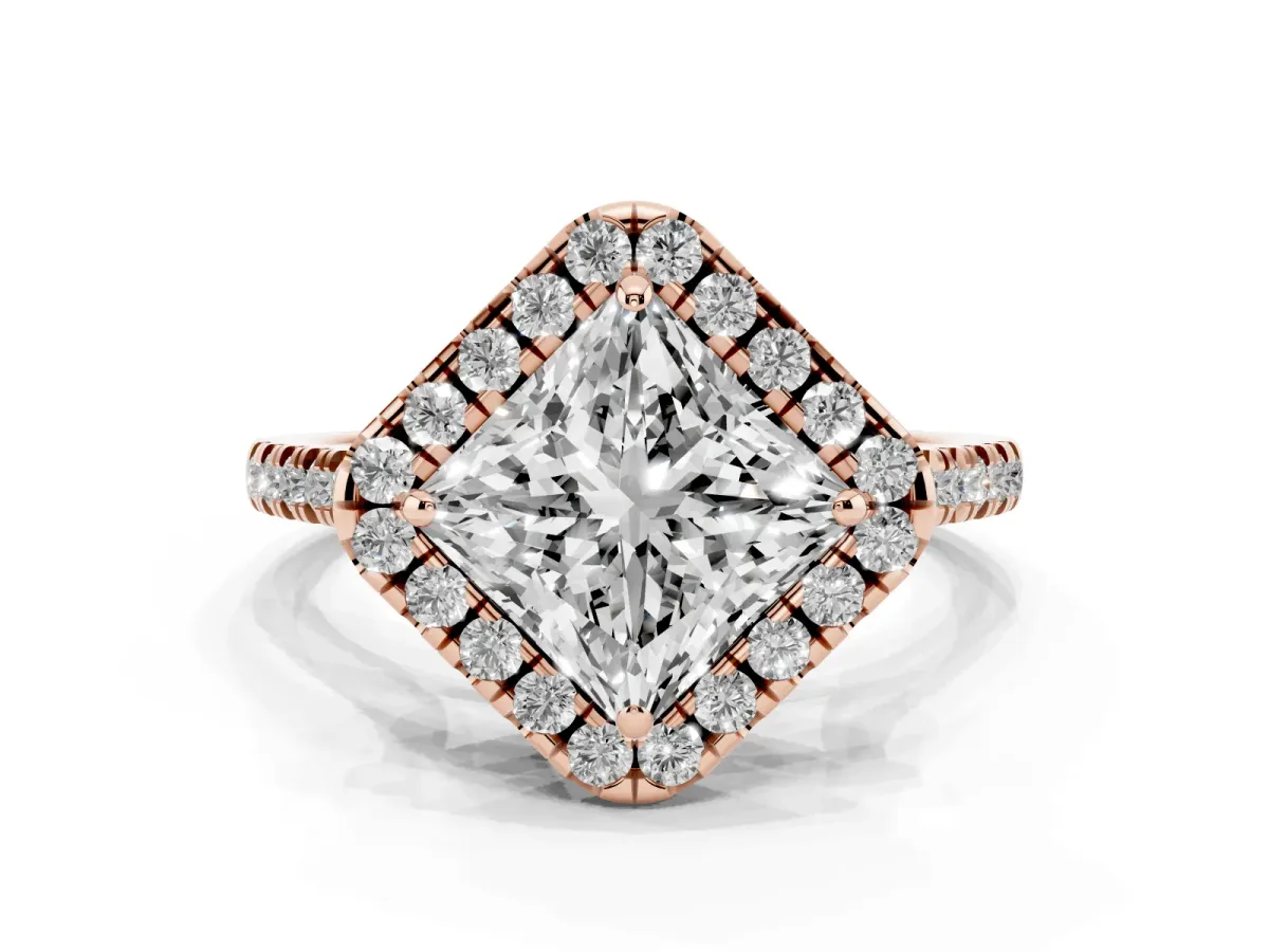 Princess Cut Diamond Cushion Halo Ring with Pavé Band Rose gold